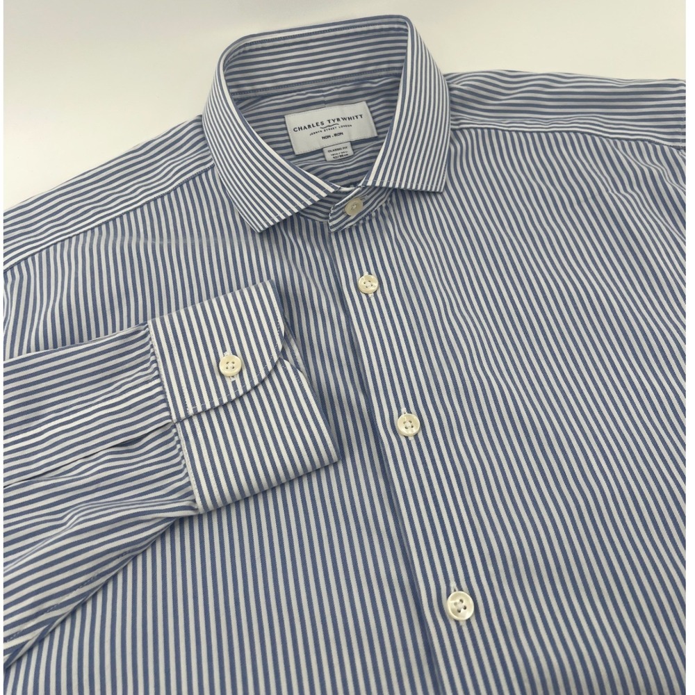 Charles Tyrwhitt Mens 16.5 Blue Striped Classic Fit Dress Shirt Preppy Corpcore